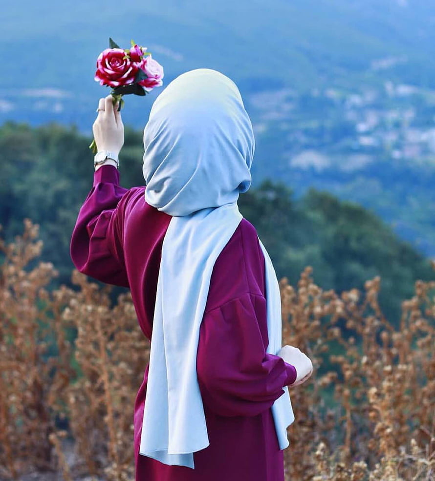 Woman in light blue hijab and maroon dress holding pink roses in a field HD phone wallpaper