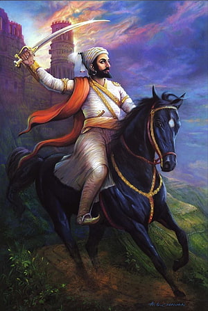 Shivaji Maharaj on Horseback with Sword and Fort in Background HD phone wallpaper