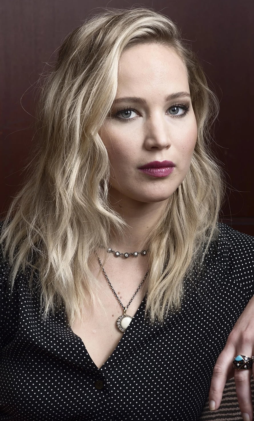 Jennifer Lawrence Portrait in Black Polka Dot Blouse with Layered Necklaces HD phone wallpaper
