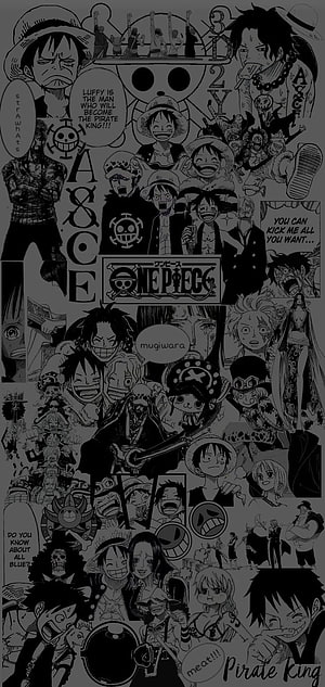 One Piece Manga Collage Featuring Luffy, Ace, and the Straw Hat Crew in Black and White HD phone wallpaper