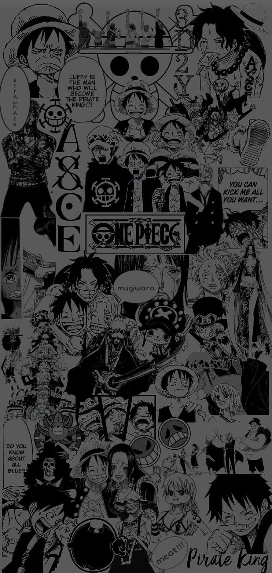 One Piece Manga Collage Featuring Luffy, Ace, and the Straw Hat Crew in Black and White HD phone wallpaper