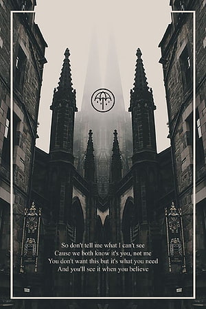 BMTH Umbrella Logo Over Gothic Cathedral Architecture with Lyrical Quote HD phone wallpaper