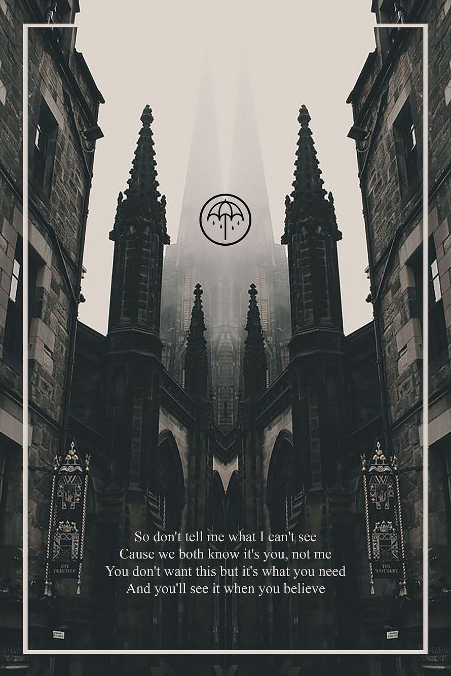 BMTH Umbrella Logo Over Gothic Cathedral Architecture with Lyrical Quote HD phone wallpaper
