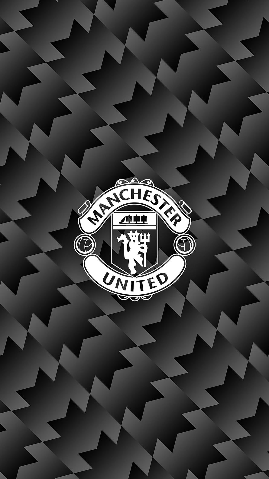 Manchester United Monochrome Crest on Geometric Black Pattern Background HD phone wallpaper