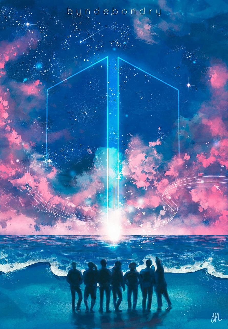 BTS Silhouettes Gazing at Glowing Geometric Portal Over Ocean at Night HD phone wallpaper