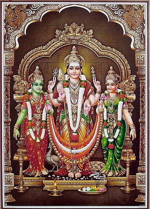 Lord Murugan with Consorts Devyani and Valli in Traditional Indian Temple Art HD phone wallpaper