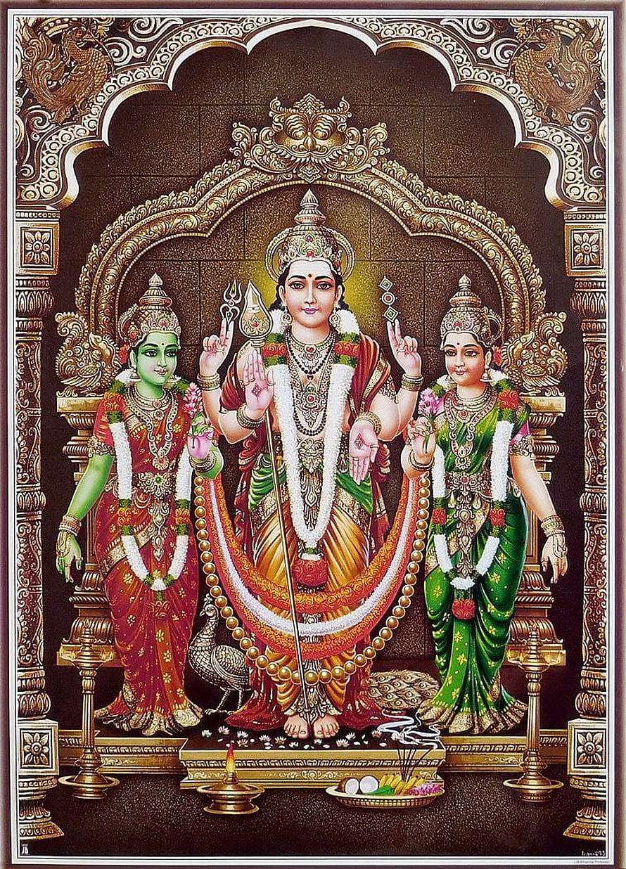 Lord Murugan with Consorts Devyani and Valli in Traditional Indian Temple Art HD phone wallpaper