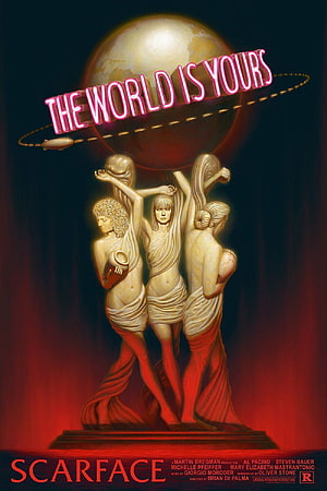 Scarface The World Is Yours Statue Poster with Neon Globe and Classical Figures HD phone wallpaper