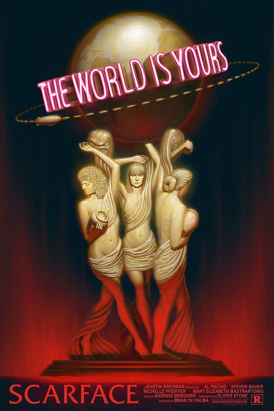 Scarface The World Is Yours Statue Poster with Neon Globe and Classical Figures HD phone wallpaper