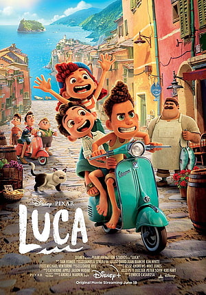Luca Disney Pixar Movie Poster with Characters Riding a Scooter Through a Coastal Italian Town HD phone wallpaper