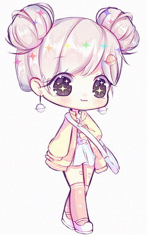 Cute Chibi Anime Girl with Space Buns and Starry Eyes in Pastel Kawaii Style HD phone wallpaper