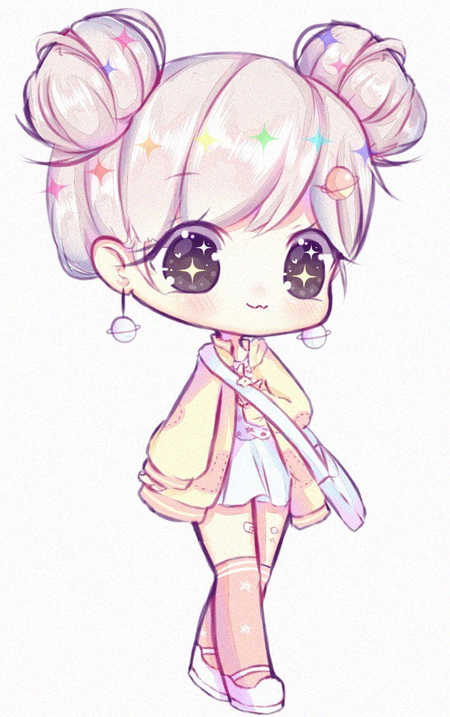Cute Chibi Anime Girl with Space Buns and Starry Eyes in Pastel Kawaii Style HD phone wallpaper