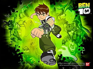 Ben 10 Animated Hero Punching Forward with Green Omnitrix Energy and Alien Silhouettes HD wallpaper