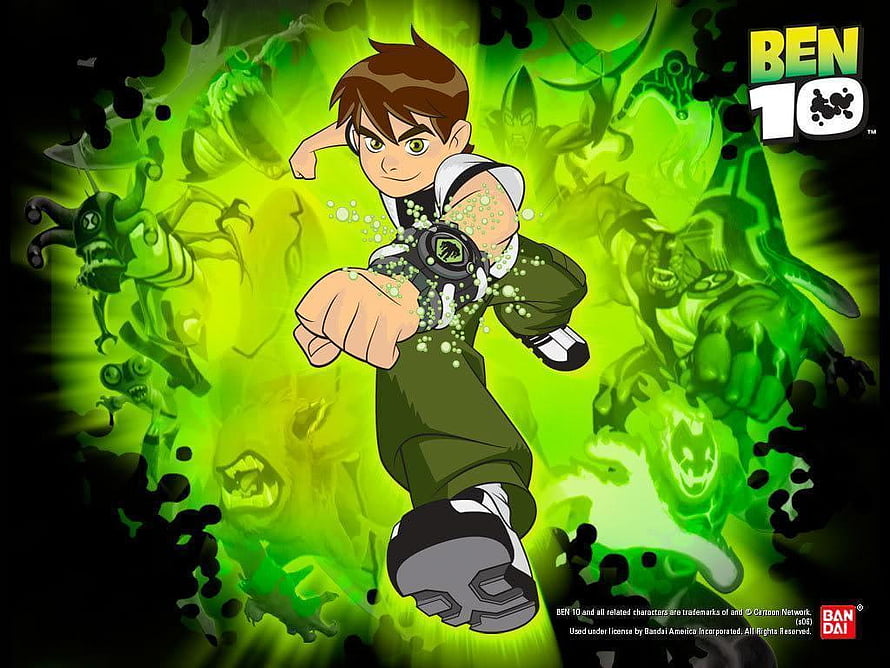 Ben 10 Animated Hero Punching Forward with Green Omnitrix Energy and Alien Silhouettes HD wallpaper