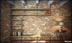 Industrial Loft Interior with Exposed Brick Wall and Minimalist Wooden Shelving HD wallpaper