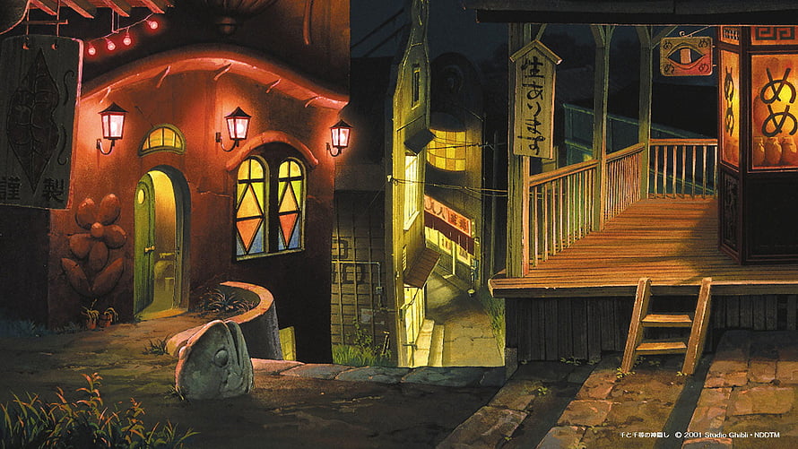 Spirited Away Bathhouse Alley at Night by Studio Ghibli HD wallpaper