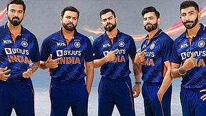 Team India Cricket Squad in Blue ODI and T20 World Cup Jerseys HD wallpaper