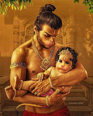 Hanuman Holding Baby Hanuman in Golden Temple Setting HD phone wallpaper