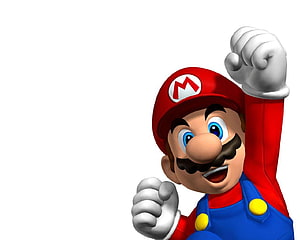 Mario in Red Cap and Blue Overalls Raising Fist in Victory Pose on White Background HD wallpaper