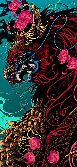Vibrant Stylized Dragon Illustration with Neon Accents and Floral Elements HD phone wallpaper