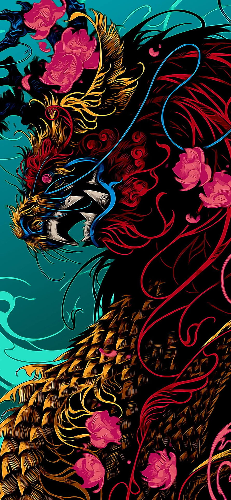 Vibrant Stylized Dragon Illustration with Neon Accents and Floral Elements HD phone wallpaper