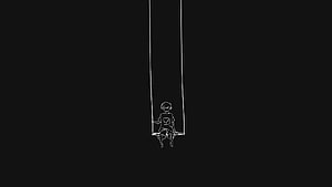 Minimalist white line art of a girl sitting on a swing against a solid black background HD wallpaper