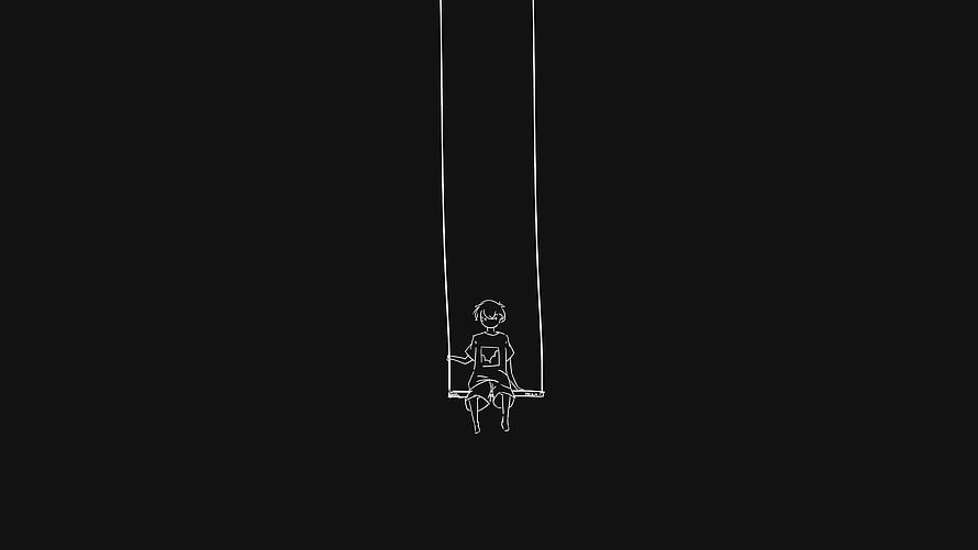Minimalist white line art of a girl sitting on a swing against a solid black background HD wallpaper