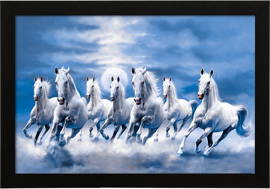 Seven White Horses Galloping Through Clouds Under a Bright Moon HD wallpaper