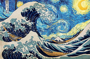Starry Night and The Great Wave off Kanagawa Fusion Artwork HD wallpaper