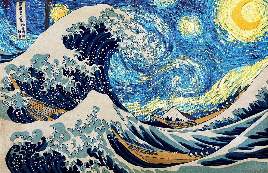 Starry Night and The Great Wave off Kanagawa Fusion Artwork HD wallpaper