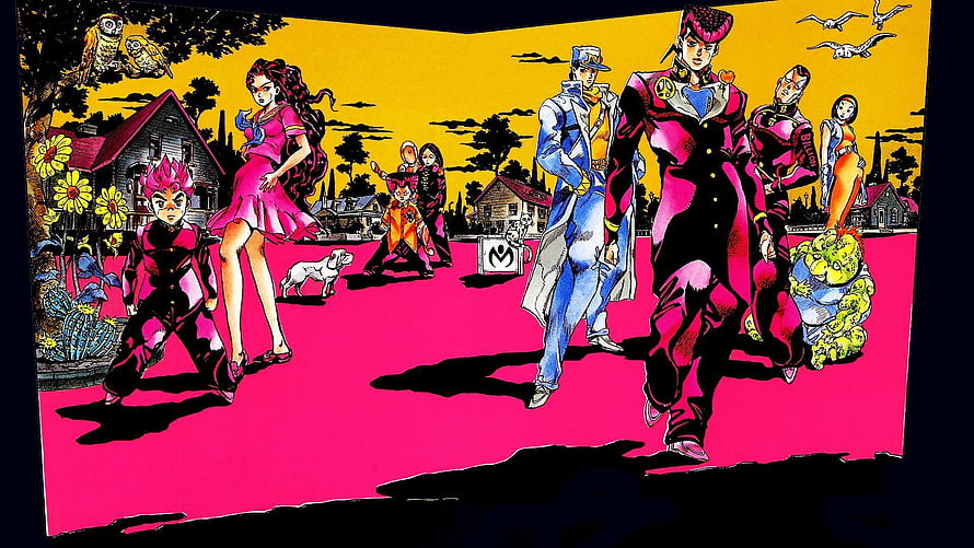 JoJo's Bizarre Adventure Part 5 Golden Wind Cast Walking Through Vibrant Italian Town HD wallpaper