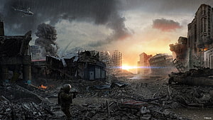 Soldier in Devastated War Zone with Burning City and Military Helicopter HD wallpaper