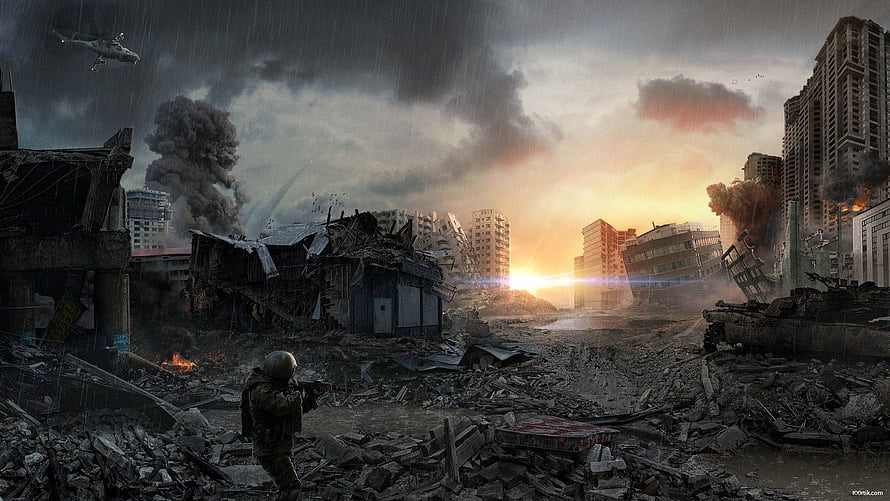 Soldier in Devastated War Zone with Burning City and Military Helicopter HD wallpaper