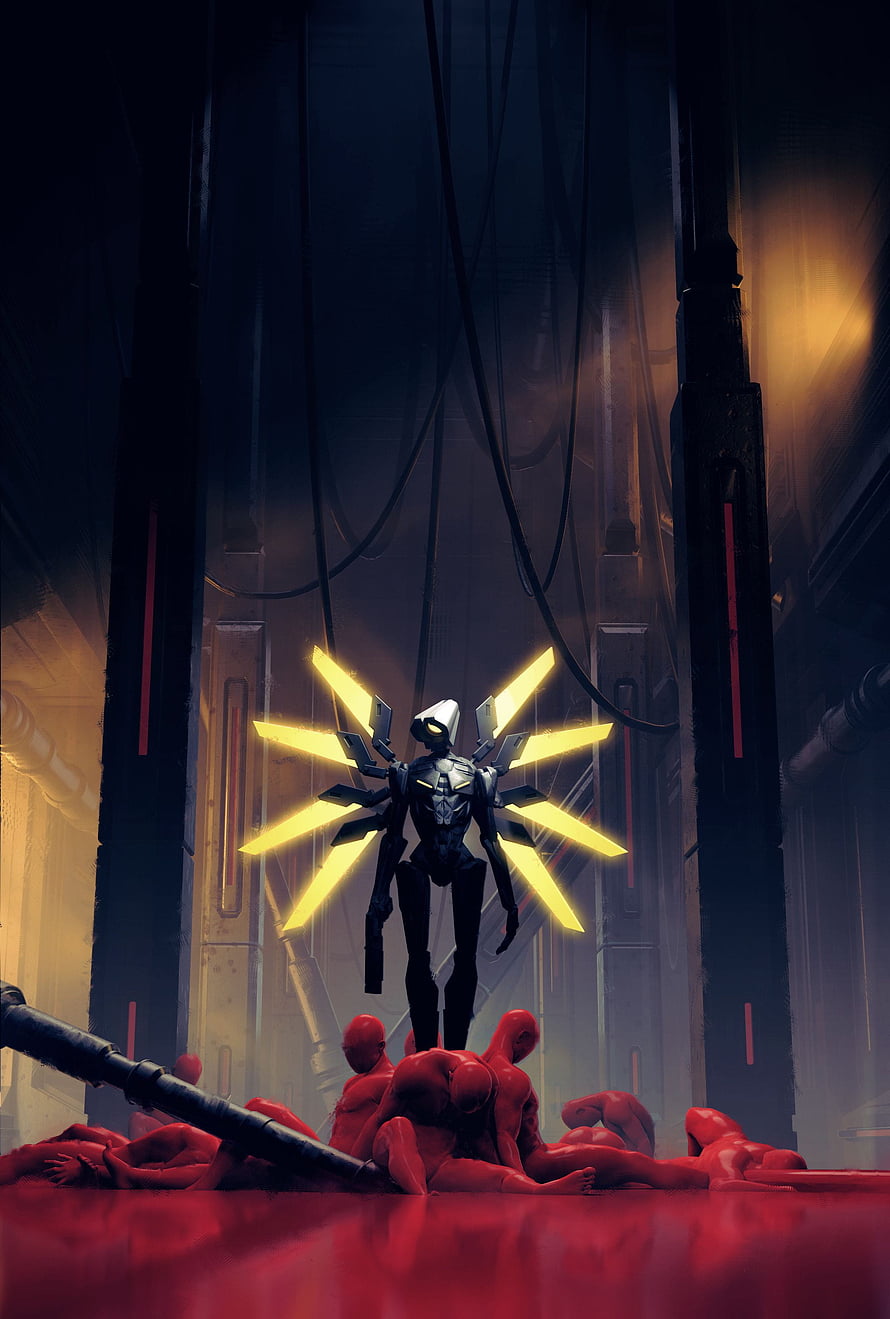 Ultrakill V2 Robot Standing Over Fallen Figures in Dark Industrial Corridor HD phone wallpaper