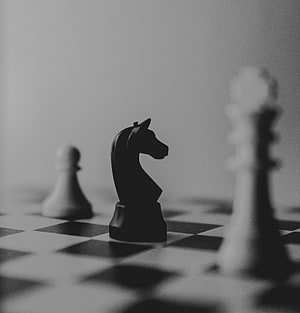 Black Chess Knight on Checkered Board with Blurred White Pieces in Monochrome HD phone wallpaper
