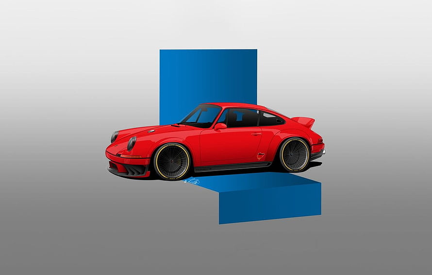 Minimalist Digital Illustration of a Red Porsche 911 on a Blue Geometric Platform HD wallpaper
