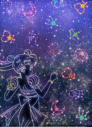 Sailor Moon Constellation Line Art Against a Starry Purple Galaxy Sky HD phone wallpaper