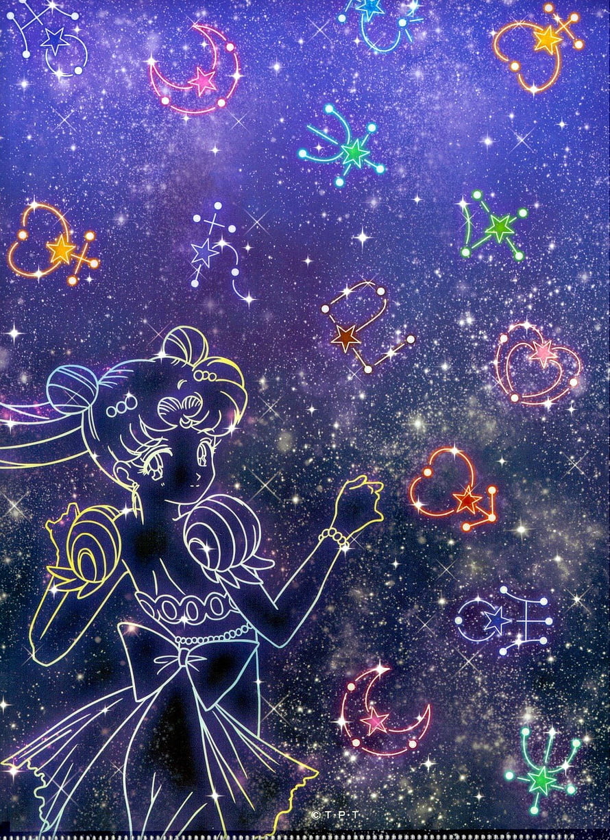 Sailor Moon Constellation Line Art Against a Starry Purple Galaxy Sky HD phone wallpaper