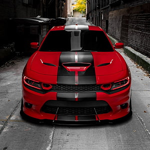 Red Dodge Charger SRT Hellcat with Black Racing Stripes in Urban Alley HD phone wallpaper
