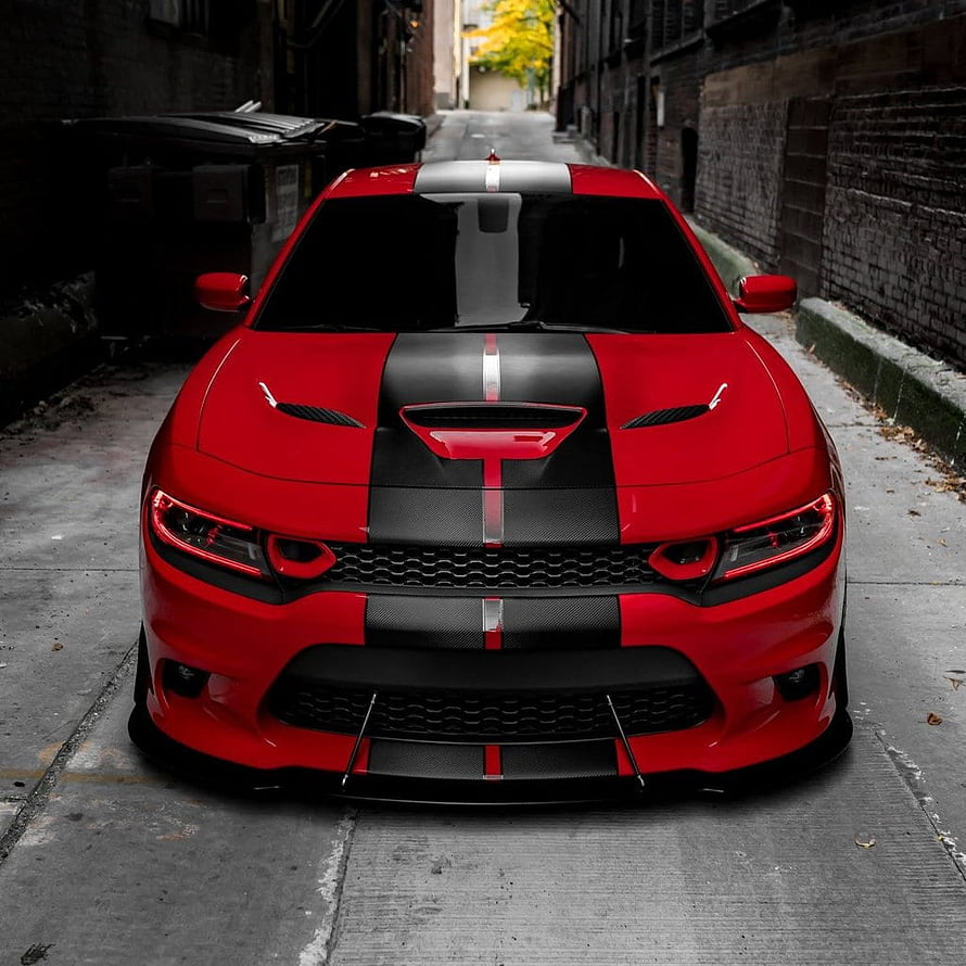 Red Dodge Charger SRT Hellcat with Black Racing Stripes in Urban Alley HD phone wallpaper