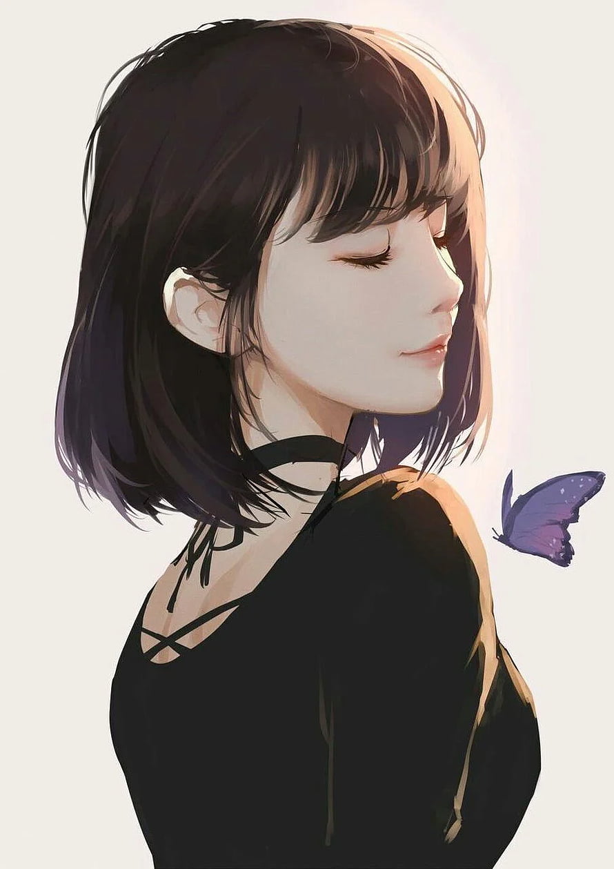 Serene Anime Girl with Short Hair and Purple Butterfly in Soft Light HD phone wallpaper