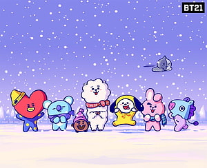 BT21 Characters in Winter Snow Scene with Cozy Scarves and Hats HD wallpaper