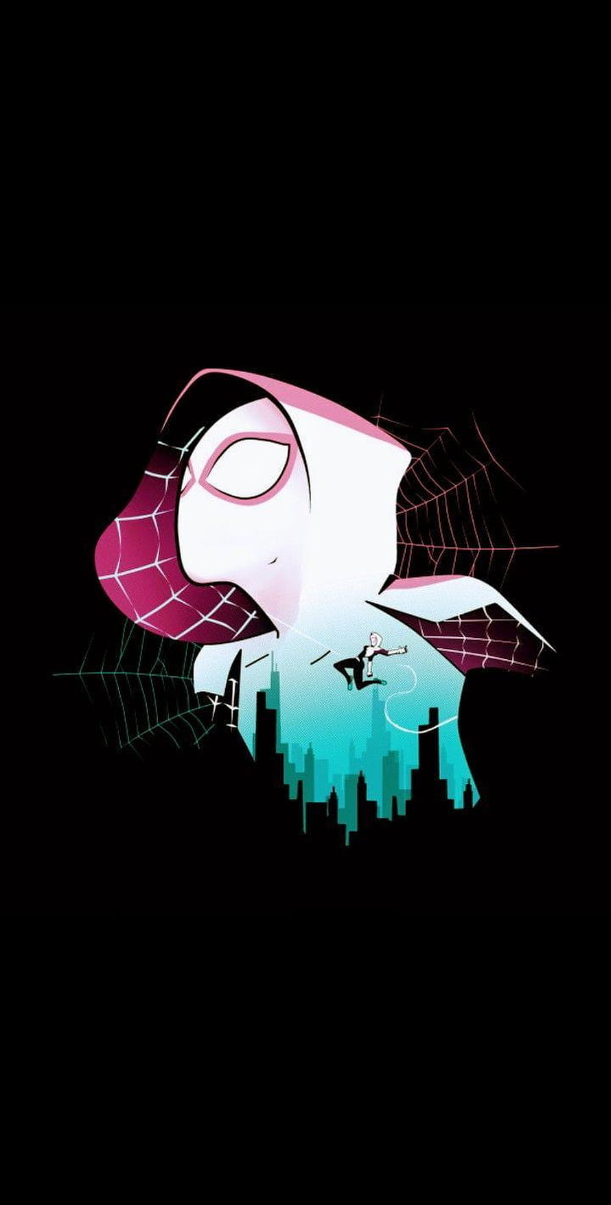 Spider-Gwen Stylized Portrait with Cityscape Silhouette and Web Patterns on Black Background HD phone wallpaper