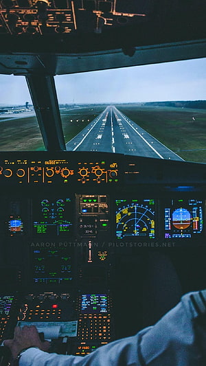 Commercial Aircraft Cockpit View During Runway Approach at Dusk HD phone wallpaper
