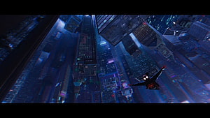 Miles Morales Leaping Through a Neon-Lit Cityscape at Night HD wallpaper