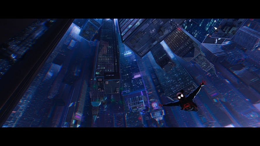 Miles Morales Leaping Through a Neon-Lit Cityscape at Night HD wallpaper