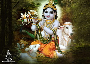 Baby Krishna Playing Flute in a Forest with Cows and Peacock HD wallpaper