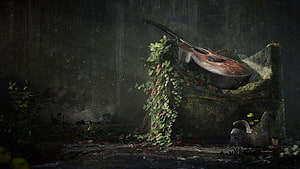 The Last of Us Part 2 Abandoned Room with Overgrown Violin and Mossy Armchair HD wallpaper
