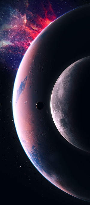 Cinematic Space Scene Featuring a Cratered Planet, a Moon, and a Vibrant Red Nebula in Deep Space HD phone wallpaper