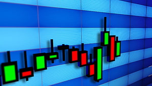 3D Candlestick Chart on Blue Grid Display for Stock Market Analysis HD wallpaper